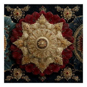 Pôster Arte de Joia Mandala Ornamentada Dourada Verde-azu