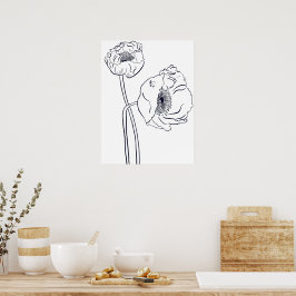 Poster Arte de Linha Botânica de Papoula