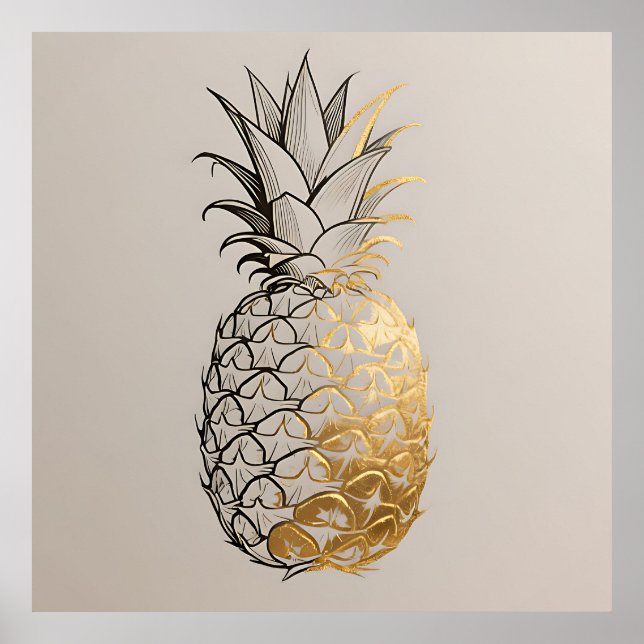 Poster Arte de Linha de Abacaxi Dourado (Frente)
