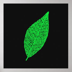 Poster Arte de linha de Folha de Esqueleto Preta e Verde