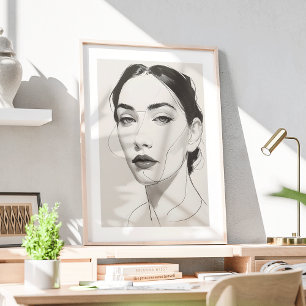Poster Arte de Linha de Retrato Mínima Elegante para Mulh