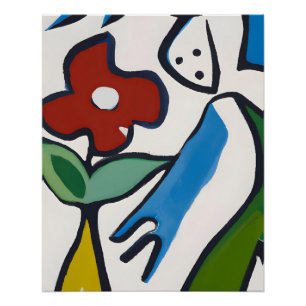Pôster Arte de Linha Divertida com Flor Vermelha e Figura