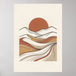 Poster Arte de Linha do Pôr do Sol no Deserto Minimalista