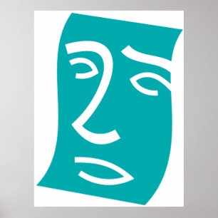 Poster Arte de Linha Facial Abstrata Moderna em Azul Turq