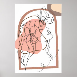 Poster Arte de Linha Minimalista Boho, Mulher com flor