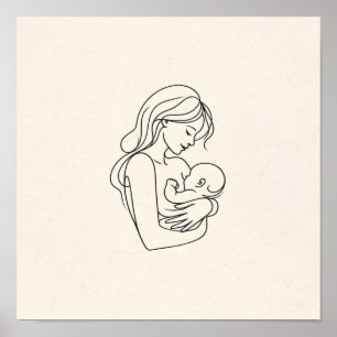Poster Arte de Linha Minimalista de Mãe e Bebê
