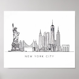 Poster Arte de Linha Minimalista do Horizonte de Nova Yor