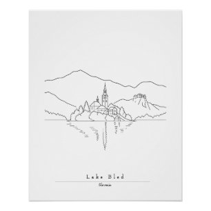 Pôster Arte de Linha Minimalista do Lago Bled Lago Eslo