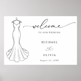 Poster Arte de Linha Vestido de Noiva Minimalista Bem-vin