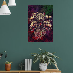 Poster Arte de Lobo Demônio Selvagem Multi-Cabeças