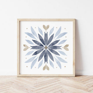 Poster Arte de Mandala Boho Azul em Aquarela