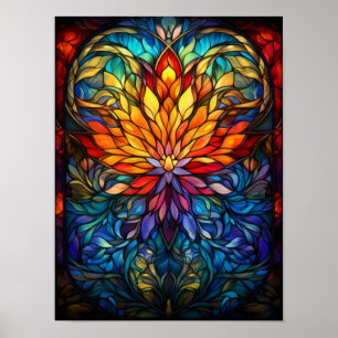 Poster Arte de Mandala de Vidro Corado Coração Floral Abs