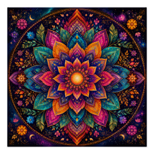 PÔSTER ARTE DE MANDALA FLORAL TONALIZADA COM JOIA CÓSMICA