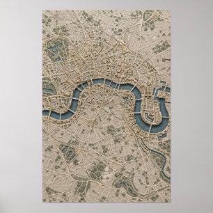 Poster Arte de Mapa Aéreo Antigo do Rio Tâmisa de Londres