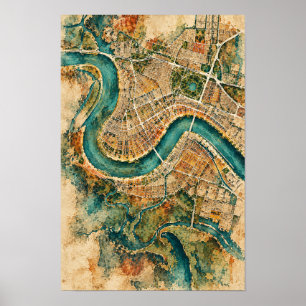 Poster Arte de Mapa Aéreo da Cidade do Rio Vintage na Par