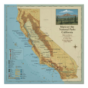 Pôster Arte de Mapa Antigo dos Parques Nacionais da Calif