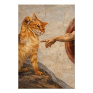 Pôster Arte de Meme de Gato Engraçado Criação de Adão com
