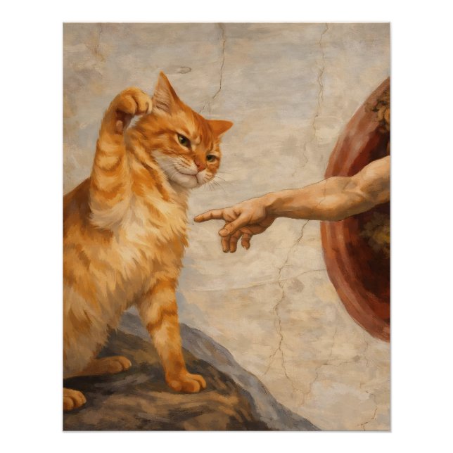 Pôster Arte de Meme de Gato Engraçado Criação de Adão com (Frente)