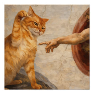 Pôster Arte de Meme de Gato Engraçado Criação de Adão com