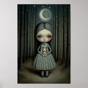 Poster Arte de Menina Doce da Sala de Bebê e a Lua