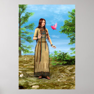 Poster Arte de Mulher Indígena Americana Floresta Pássaro