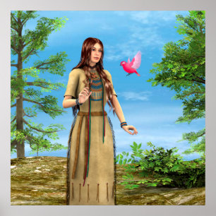 Pôster Arte de Mulher Indígena Americana Floresta Pássaro
