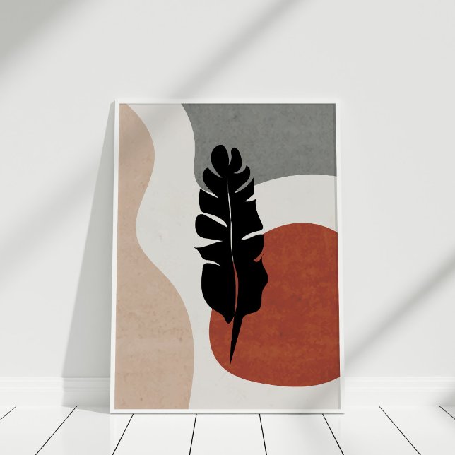 Poster Arte de Muro Botânica Moderna Terracotta Abstrato (Modern Terracotta Abstract Botanical Wall Art against white wall in white frame.)