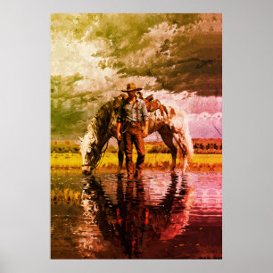 Poster Arte de Muro de Reflexão de Cowboy e Cavalo - Ocid