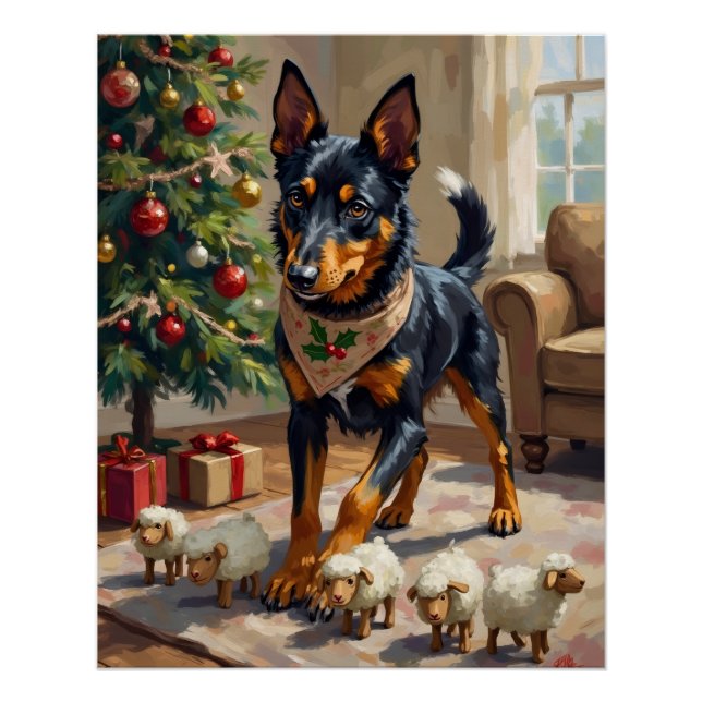 Pôster Arte de Natal com Australian Kelpie Pastoreando (Frente)