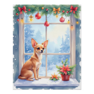 Pôster Arte de Natal com Chihuahua na Janela Nevada