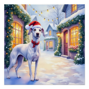 Pôster Arte de Natal Greyhound Snowy Village Santa Hat