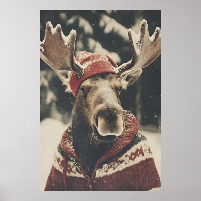 Poster Arte de Natal Retro com Alce, Parede de Férias (Frente)