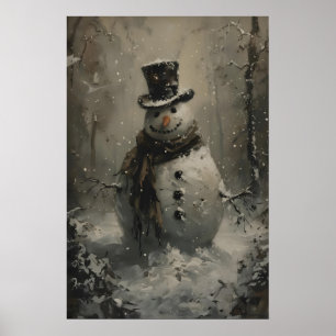 Poster Arte de Natal Vintage Homem de Neve Floresta Nevad