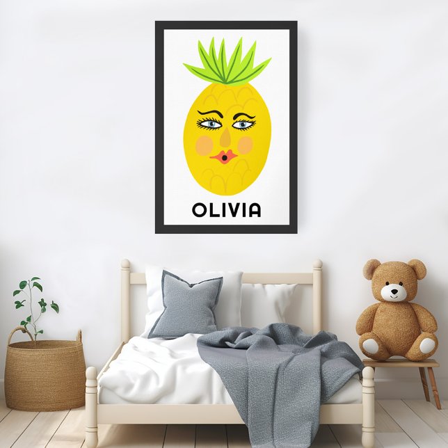 Poster Arte de Nome de BEBÊ PERSONALIZADO do ananás branc (Whimsical Pineapple CUSTOM BABY NAME Art Poster)