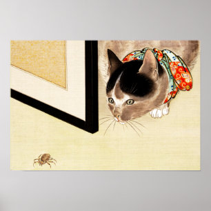 Poster Arte de observação da aranha do gato japonês do