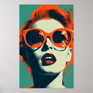 Poster Arte de óculos de sol da mulher azul-retrorlaranja
