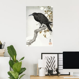Poster Arte de Ohara Koson: Corvo em Ramo de Flor de Cere