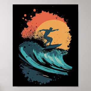 Poster Arte de Onda de Surf ao Pôr do Sol, Silhueta de Su