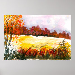 Pôster Arte de Paisagem Abstrata em Aquarela Árvores de O