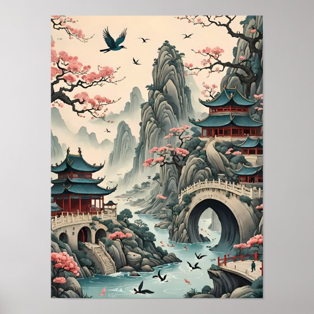 Poster Arte de Paisagem Chinesa Tradicional (Frente)