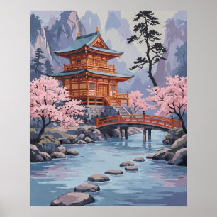 Poster Arte de Paisagem de Cerejeira em Pagode Japonesa