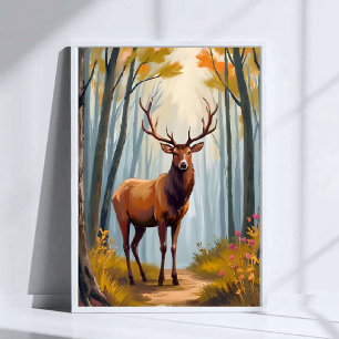 Poster Arte de Paisagem em Aquarela da Floresta de Alces