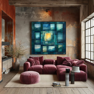 Pôster Arte de Paisagem Geométrica Abstrata – Azul e Dour