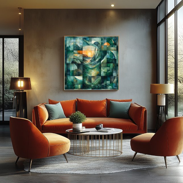 Pôster Arte de Paisagem Geométrica Abstrata – Verde & Lar (Criador carregado)