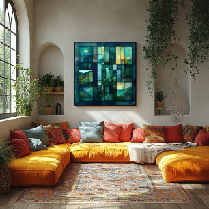 Pôster Arte de Paisagem Geométrica Luz - Teal e Verde