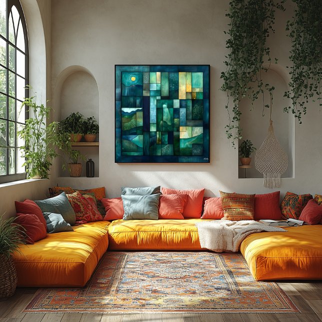 Pôster Arte de Paisagem Geométrica Luz - Teal e Verde (Criador carregado)