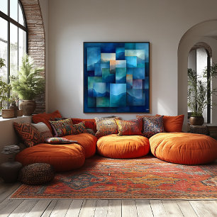 Pôster Arte de Paisagem Montanhosa Geométrica – Azul e Ve