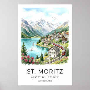 Poster Arte de Paisagem Suíça St Moritz Aquarela - Alpino