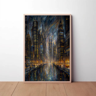 Pôster Arte de Paisagem Urbana Futurista no Estilo Van Go