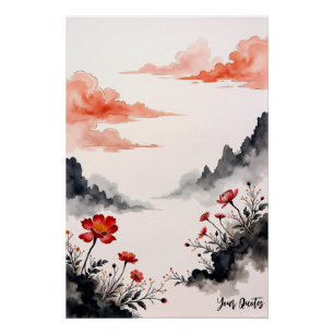 Pôster Arte de Papoula em Tinta Chinesa